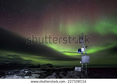 Remote automated weather science station and Aurora Borealis - Arctic, Spitsbergen
