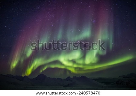 Unusual colorful Northern Lights - Arctic landscape