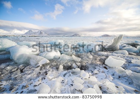 Arctic winter landscape - ice on the shore - Spitsbergen