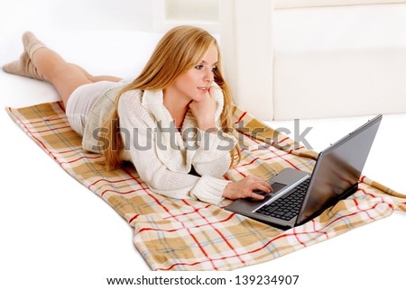 beauty girl with laptop in the room