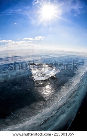 Ice floe on the ice field. Winter Baikal