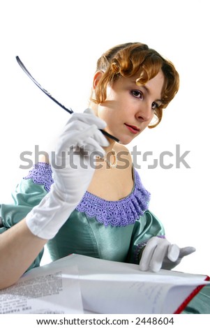 stock photo : elegant girl in beautiful dress composing a letter
