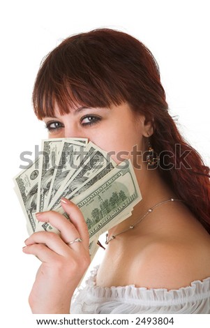 young pretty girl with heaps of money isolated on white