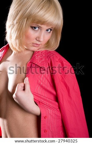 stock photo Naked sexy girl standing and holding blouse