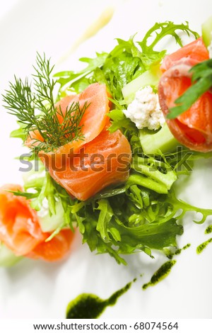 greens and salmon isolated on white background