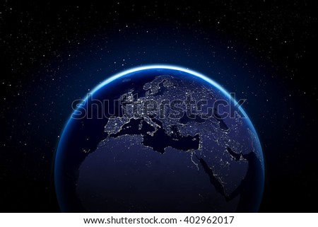 Planet earth with city lights - Europe Africa and middle east\
Elements of this image furnished by NASA