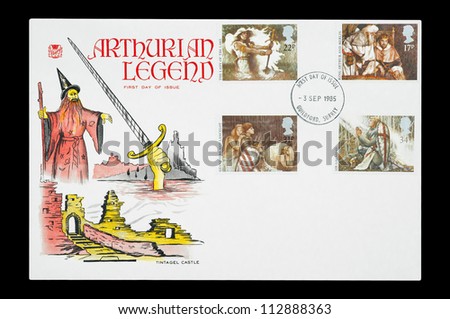 UK - CIRCA 1985: First day of issue mail stamp set printed in the UK featuring characters from the Arthurian Legends, circa 1985