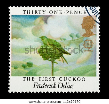 UK - CIRCA 1986: Mail stamp printed in the UK celebrating The First Cuckoo, a classical music piece by composer Frederick Delius, circa 1986
