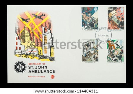 UK - CIRCA 1987: Commemorative First Day of Issue mail stamps printed in the UK, celebrating the centenary of the British St John Ambulance charity, circa 1987