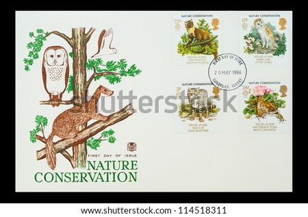 UK - CIRCA 1986: Commemorative First Day of Issue mail stamps printed in the UK promoting nature conservation and species at risk in Britain, circa 1986