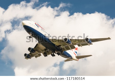 LONDON, HEATHROW, UK - OCTOBER 30:  After skirting Hurricane Sandy during its trans-atlantic flight, a British Airways Boeing 747 lands at London Heathrow International Airport, UK on October 30, 2012