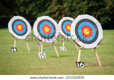 archery targets at various distances on a range - focus only on the closest target
