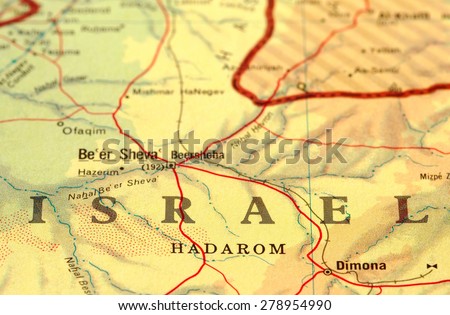 close-up map detail of Israel