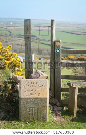 WALES, UK - APRIL 15: One of many gateways marking The Gower Way, a coastal walk of outstanding natural beauty in Wales, UK on April 15, 2015