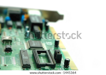Close-up of isolated computer card with gold contacts.