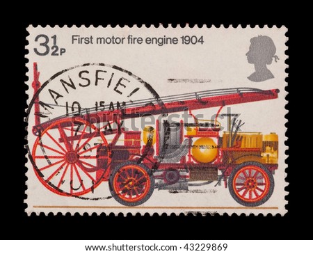 BRITISH - CIRCA 1974: commemorative mail stamp featuring the first motor fire engine, circa 1974
