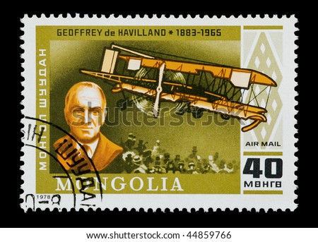 MONGOLIA - CIRCA 1978: mail stamp featuring aircraft design pioneer Geoffrey de Havilland, circa 1978