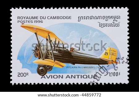 CAMBODIA - CIRCA 1996: vintage aircraft mail stamp featuring the Pitcairn PA-5 biplane, circa 1996