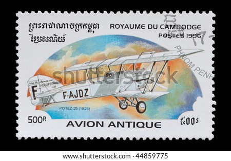 CAMBODIA - CIRCA 1996: vintage aircraft mail stamp featuring the Potez 25 biplane, circa 1996