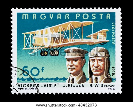 HUNGARY - CIRCA 1978: mail stamp printed in Hungary featuring the first transatlantic flight by Alcock and Brown, circa 1978