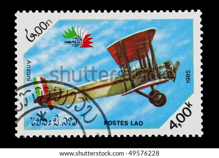 LAOS - CIRCA 1985: mail stamp printed in Laos featuring a vintage Anzani biplane, circa 1985