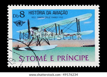 SAO TOME AND PRINCIPE - CIRCA 1979: mail stamp printed in Africa featuring a Fairey Santa Cruz seaplane, circa 1979