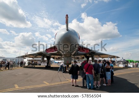 FARNBOROUGH INTERNATIONAL AIRSHOW, UK - JULY 24: Guided tours of the world\'s last surviving Avro Vulcan Bomber. Farnborough Airshow, Hampshire, UK. July 24, 2010.