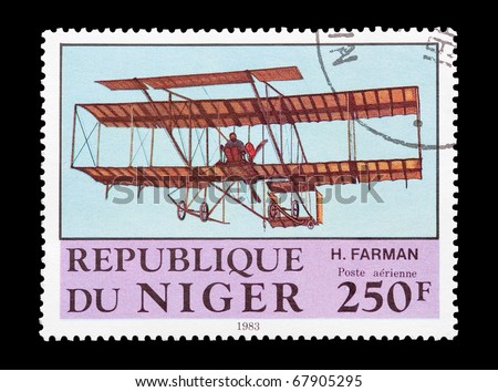 REPUBLIC OF NIGER - CIRCA 1983: mail stamp printed in Africa featuring the pioneering Farman biplane, circa 1983