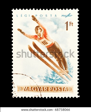 HUNGARY - CIRCA 1955: mail stamp printed in Hungary featuring winter sport ski jumping, circa 1955

one from a themed set of eight