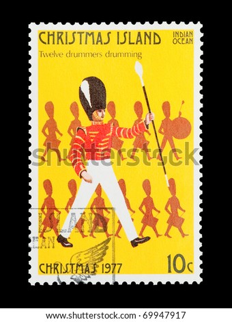 CHRISTMAS ISLAND - CIRCA 1977: part of a set of 12 mail stamp printed on Christmas Island depicting the Twelve Days of Christmas, circa 1977