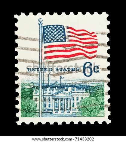 UNITED STATES - CIRCA 1968: mail stamp printed the USA featuring the White House government building and national flag, circa 1968