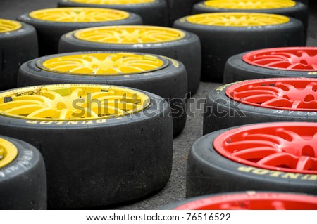 THRUXTON, UNITED KINGDOM - MAY 1: Spare Dunlop slick tires in the pits for the British Touring Car Championship race meeting on May 1, 2011 at Thruxton, UK