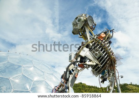 St AUSTELL, UNITED KINGDOM - SEPT. 15 : WEEE Man, the waste electrical and electronic equipment robot sculpture on display at the Eden Project in St Austell, UK on Sept 15, 2011