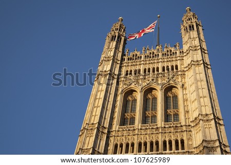Houses of Parliament and Union Jack Flag; London, England, UK