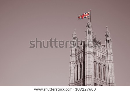Houses of Parliament and Union Jack Flag, London, England, UK