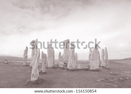 Callanish Standing Stones, Isle of Lewis, Western Isles, Outer Hebrides, Scotland, UK in Black and White Sepia Tone