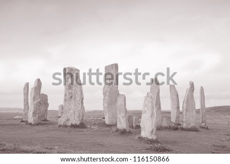 Callanish Standing Stones; Isle of Lewis; Western Isles; Outer Hebrides; Scotland; UK in Black and White Sepia Tone