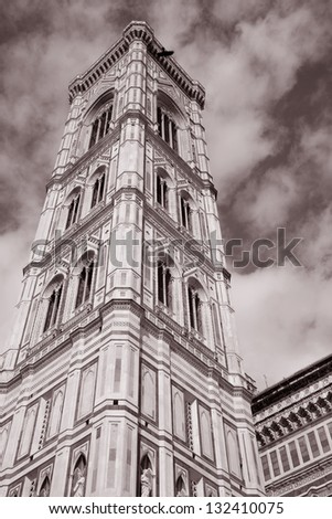 Bell Tower of Florence Duomo Cathedral Church, Florence, Italy in Black and White Sepia Tone