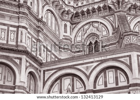 Detail on Facade of Duomo Cathedral Church, Florence, Italy in Black and White Sepia Tone