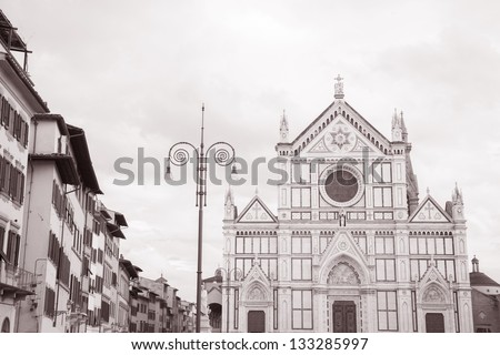Santa Croce Church and Square, Florence, Italy in Black and White Sepia Tone