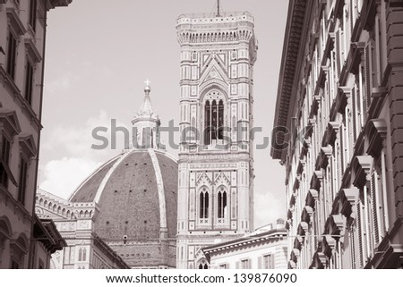 Doumo Cathedral Church Dome and Bell Tower, Florence, Italy in Black and White Sepia Tone