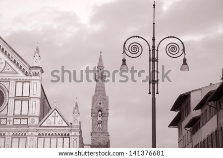 Santa Croce Church and Lamppost, Florence, Italy in Black and White Sepia Tone