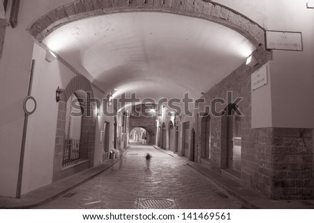 Archway of Street off Via dei Georgofili Street, Florence, Italy Illuminated at Night in Black and White Sepia Tone