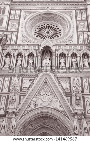 Doumo Cathedral Church Facade, Florence, Italy in Black and White Sepia Tone