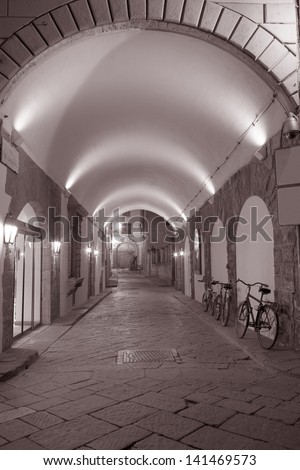 Archway of Street off Via dei Georgofili Street, Florence, Italy Illuminated at Night in Black and White Sepia Tone
