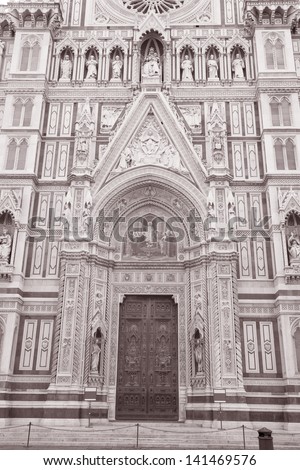 Doumo Cathedral Church Entance, Florence; Italy in Black and White Sepia Tone