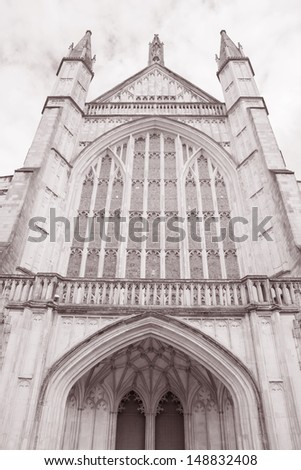 Exterior Facade, Winchester Cathedral Church, England, UK in Black and White Sepia Tone