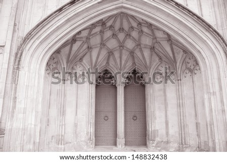 Main Door of Winchester Cathedral Church, England; UK in Black and White Sepia Tone
