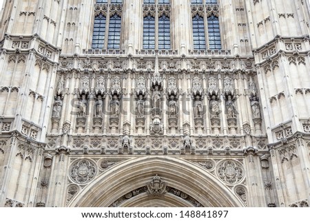 Detail on Victoria Tower, Houses of Parliament, Westminster; London, England, UK