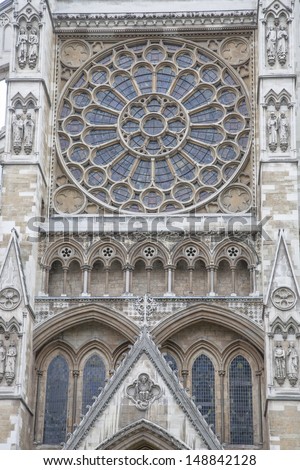 Exterior View of Rose Window, Westminster Abbey Facade, London, England, UK